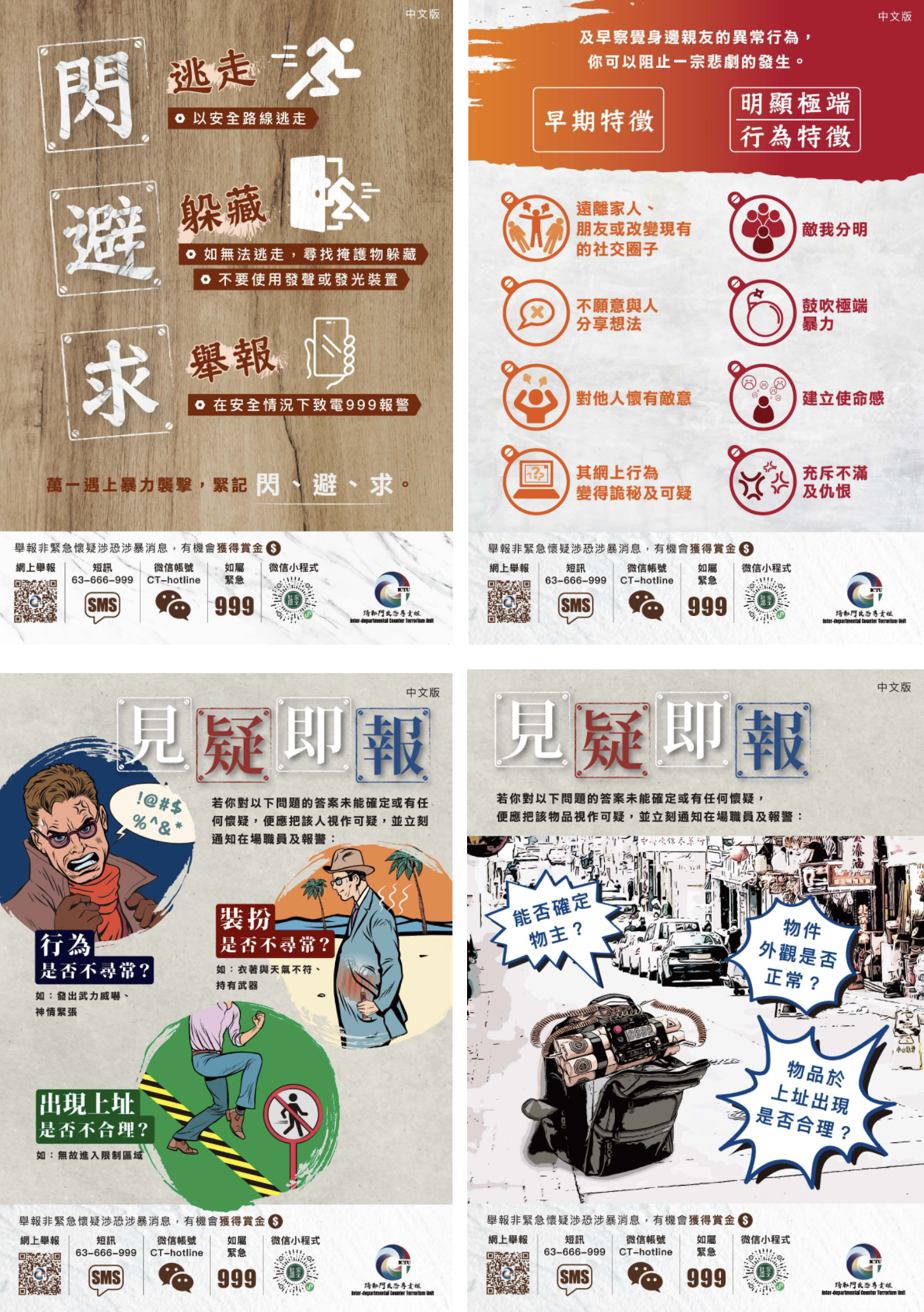 ‘Run, Hide, Report’, ‘Spot and Report – suspicious person’, ‘Spot and Report – suspicious objects’ and ‘Guidelines for identifying Extremist Thoughts’  – Chinese version