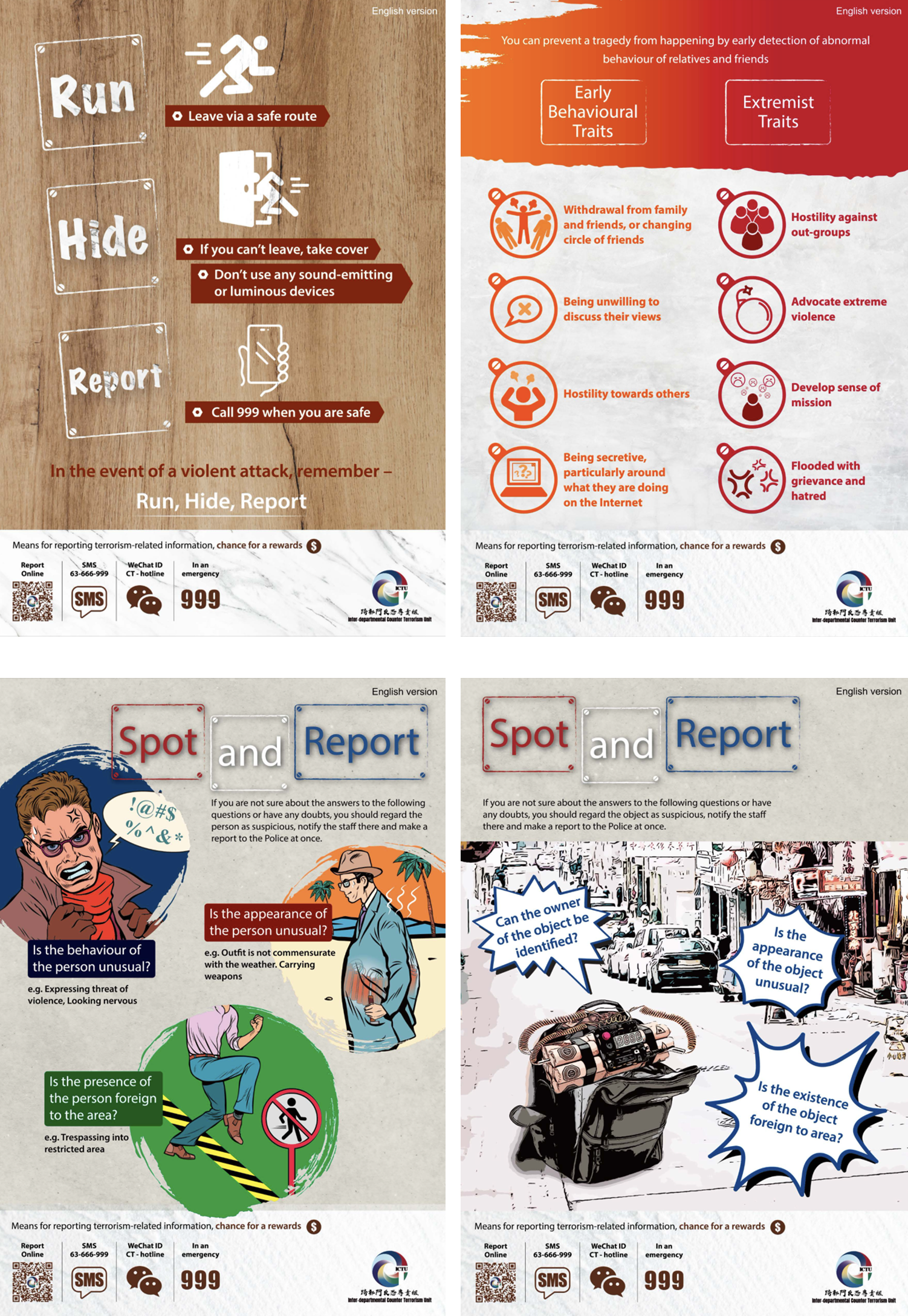 ‘Run, Hide, Report’, ‘Spot and Report – suspicious person’, ‘Spot and Report – suspicious objects’ and ‘Guidelines for identifying Extremist Thoughts’  – English version