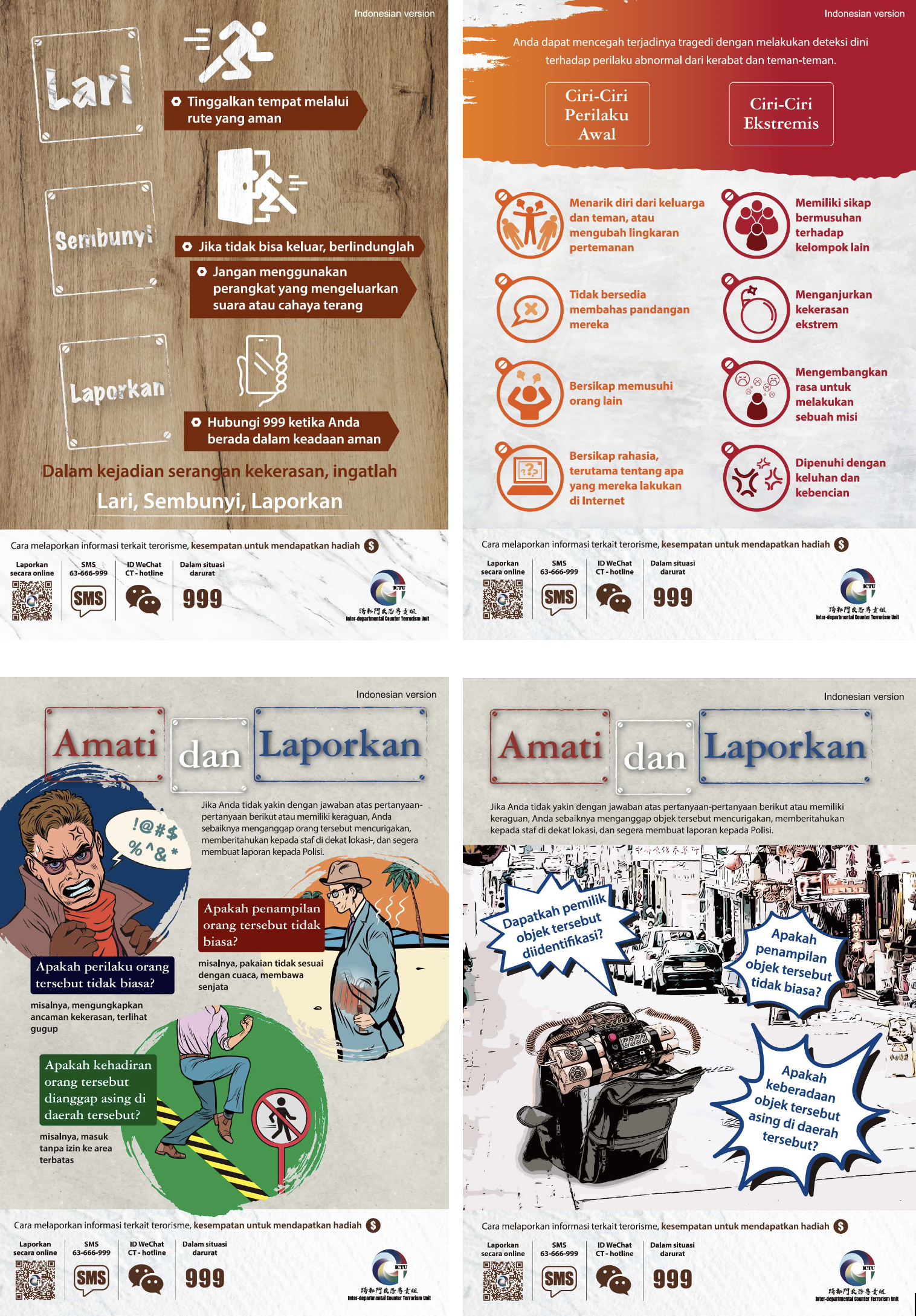 「閃避求」、「見疑即報 – 可疑人」、「見疑即報 – 可疑物」 及 「辨識極端思想指引」 – 印尼語